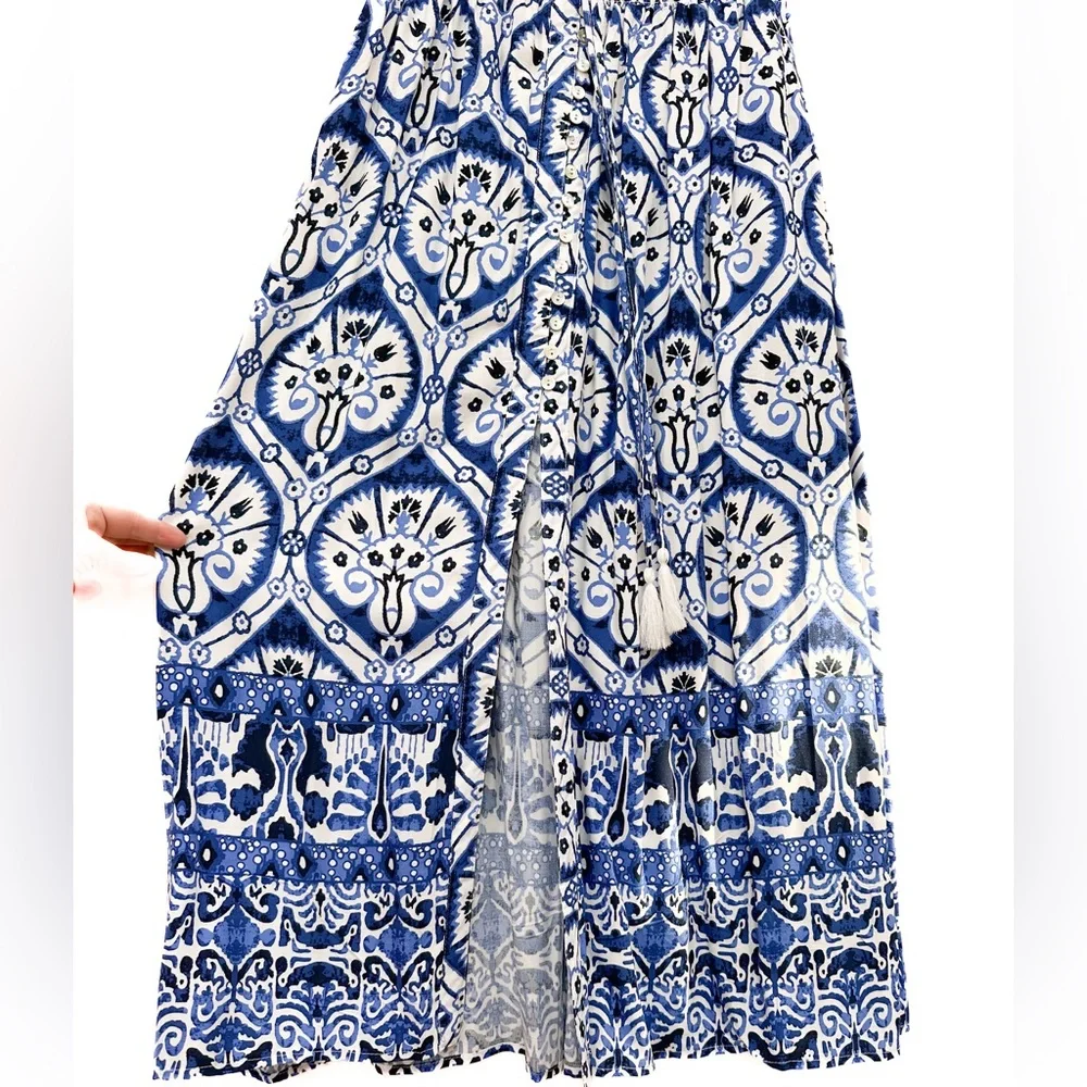 Haute Hippie Blue White Boho Maxi Skirt with Front Slit and Buttons Ties Tassels